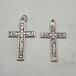 Lot 2 Silver Tone Cross Pendant Charms Black Recessed Floral Religious Jewelry